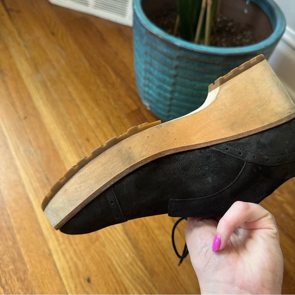 Eileen Fisher | Black Leather Wood Sole Platform Oxfords Size 8 - Picture 9 of 9